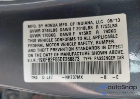 2013 Honda Civic Lx from USA, damaged, VIN 19XFB2F55DE266873